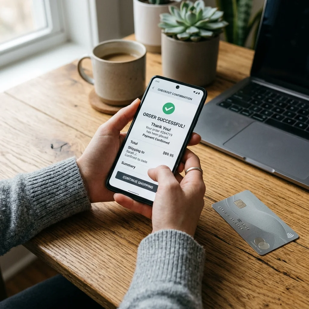 Hands holding a smartphone showing a checkout confirmation with a credit card resting nearby on a wooden desk