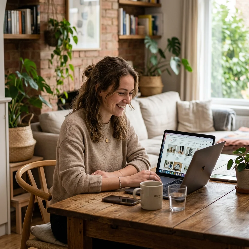 A young adult sitting at a wooden table, smiling while looking at a laptop screen in a cozy home environment